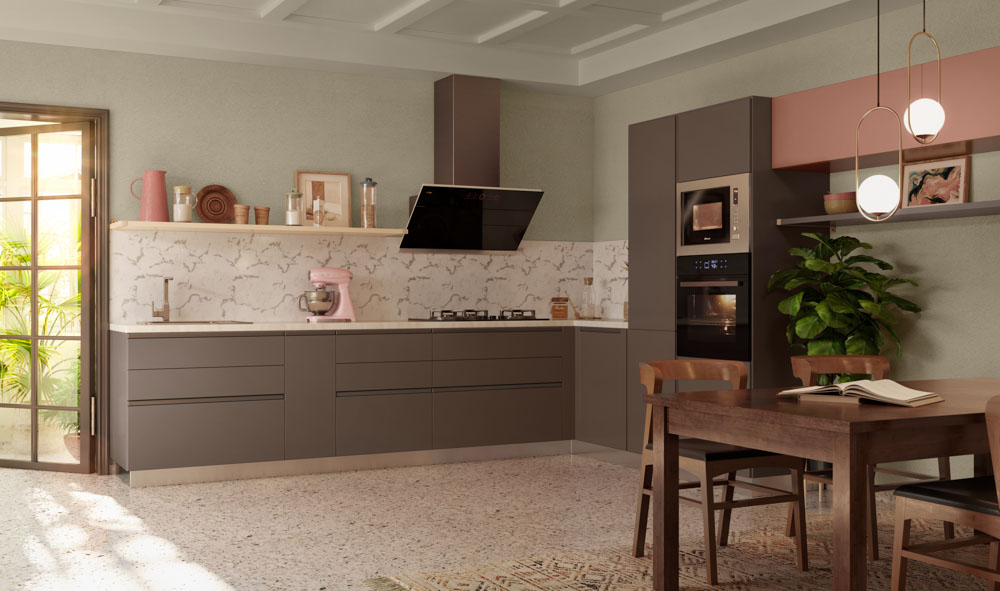 PVC kitchen cabinet design ideas with modular chimney - Beautiful Homes