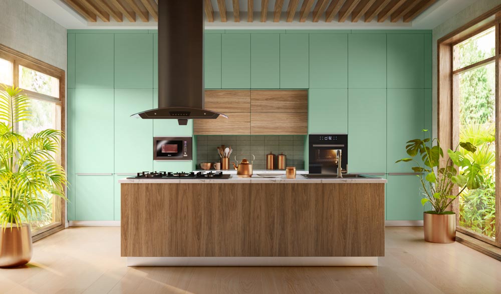 Sea green across the wall kitchen cabinet design - Beautiful Homes
