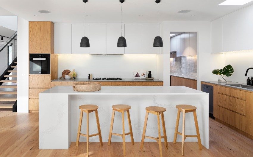 Wooden flooring & hanging lights to enhance your kitchen design - Beautiful Homes