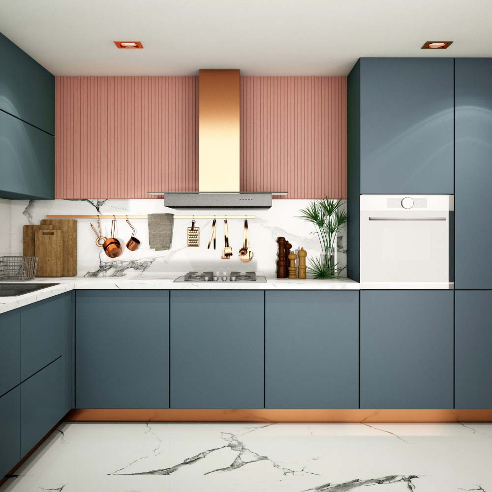 A beautiful modern modular kitchen with grey kitchen cabinets & kitchen accessories at display - Beautiful Homes
