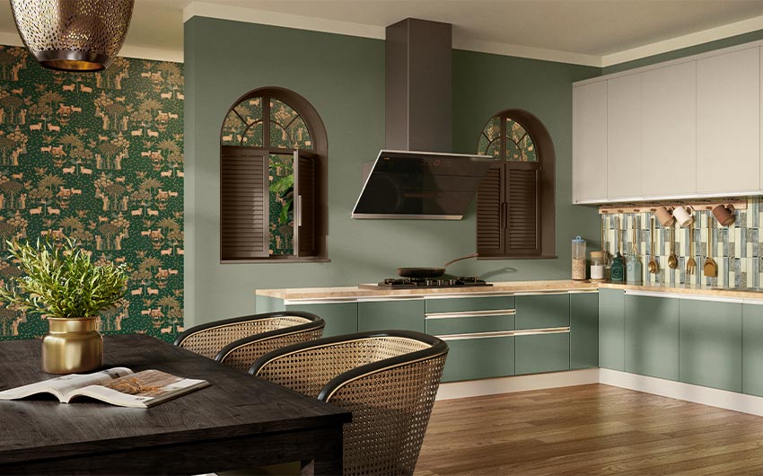 Green kitchen colour combinations with printed wallpaper - Beautiful Homes