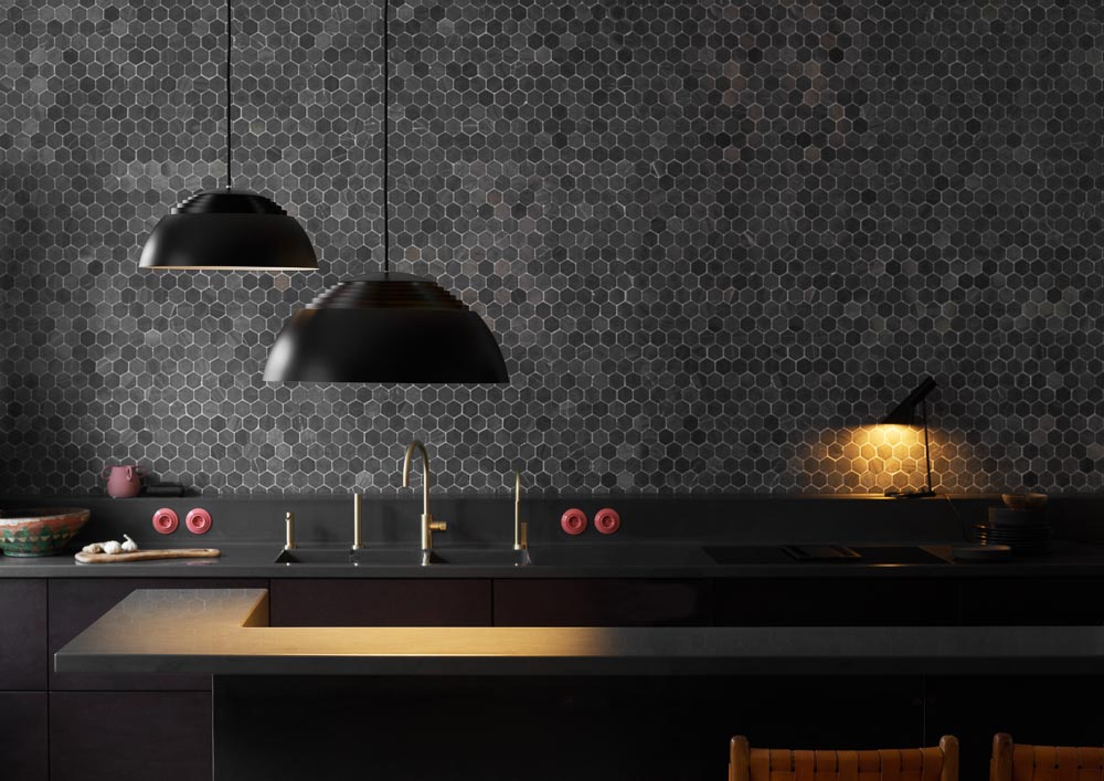 Kitchen Paint Colours In Shades Of Grey For Honeycomb Tiles, Black Pendant Lamps And Pink Sockets for Kitchen Design - Beautiful Homes