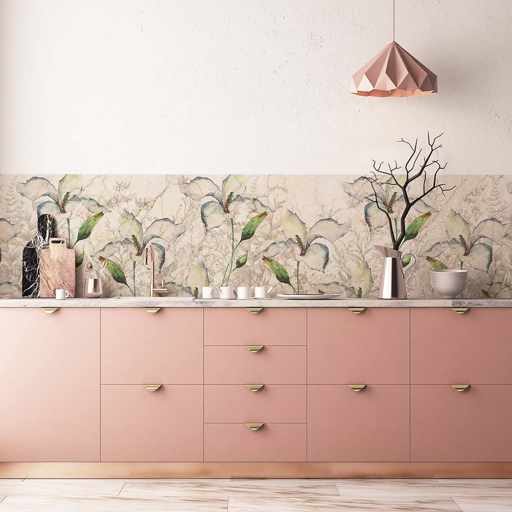 Kitchen Colour Pink In A Modular Kitchen Interior Design With Flowery Backsplash And Golden Features - Beautiful Homes