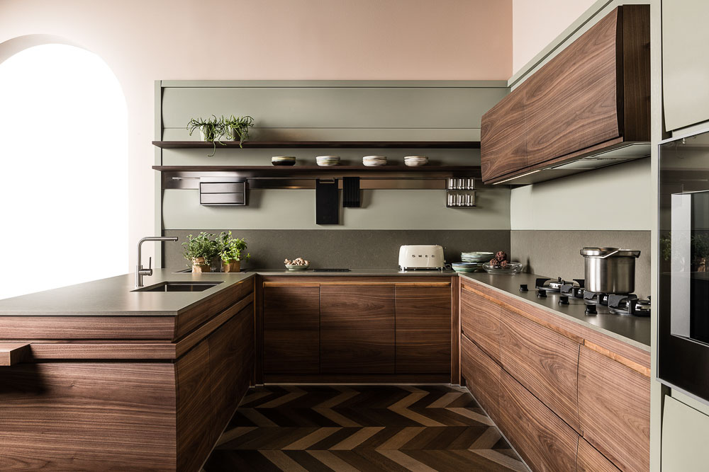 Dark Kitchen Wall Colours In Wooden Modular Kitchen With Grey Walls And House-Plants - Beautiful Homes