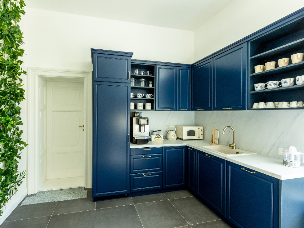 Sleek Kitchen with Vibrant Blue Shelves- Beautiful Homes