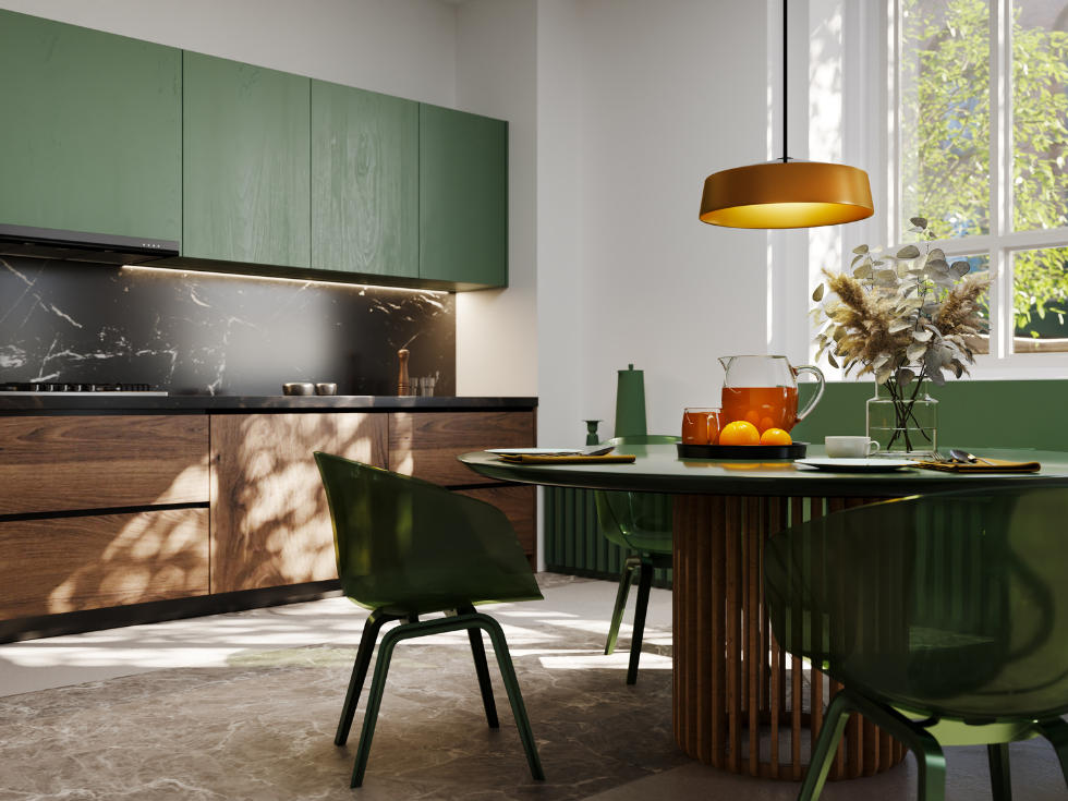 Green on Green Kitchen Colour Combination- Beautiful Homes