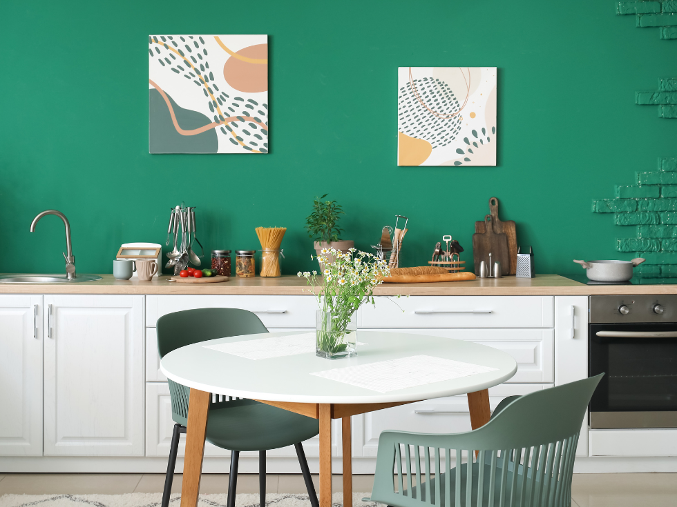 Modern Kitchen With Vibrant Green Wall- Beautiful Homes