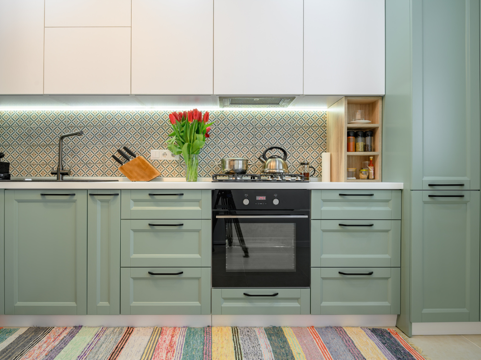  Muted Teal Kitchen Counter- Beautiful Homes
