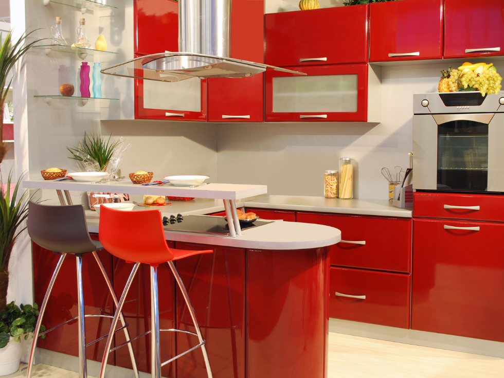 Sleek Kitchen with Vibrant Red Counter and Shelves- Beautiful Homes