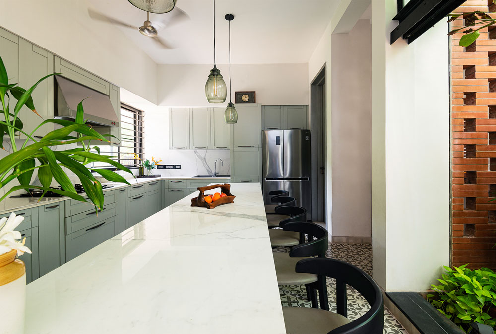 Modern Kitchen Design Ideas With Cabinets, Light Green Drawers and Marble Island Kitchen - Beautiful Homes