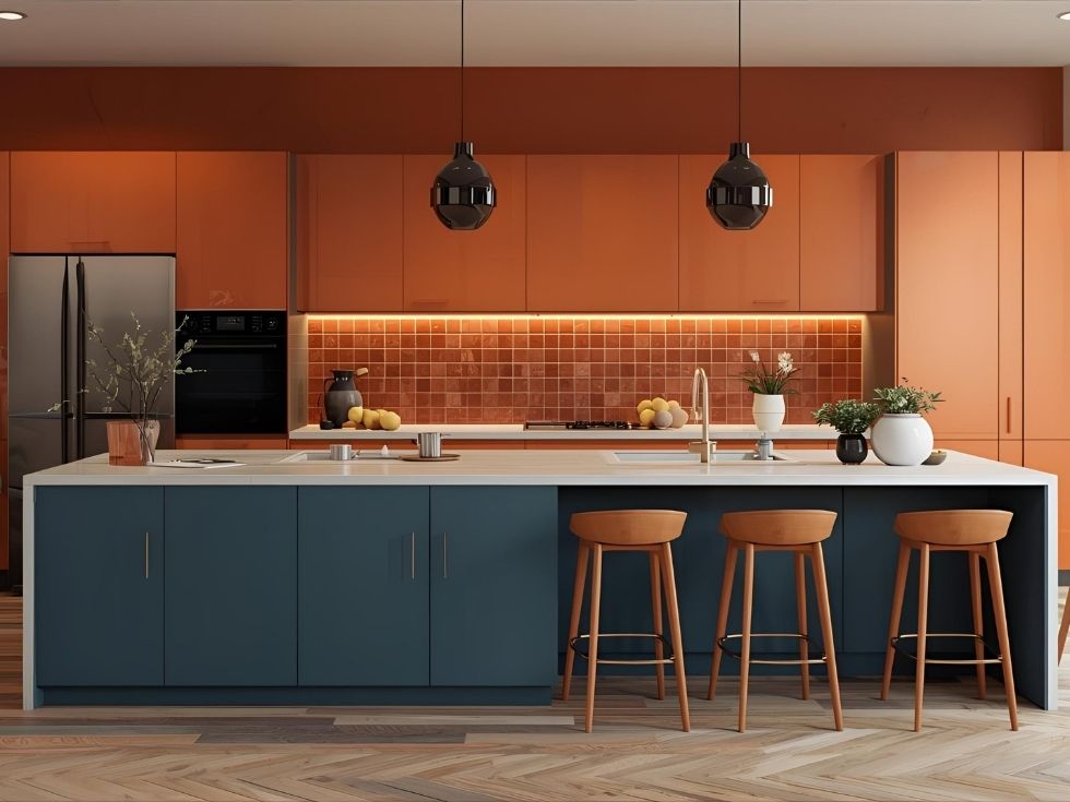 Modern orange kitchen cupboard colour ideas - Beautiful Homes