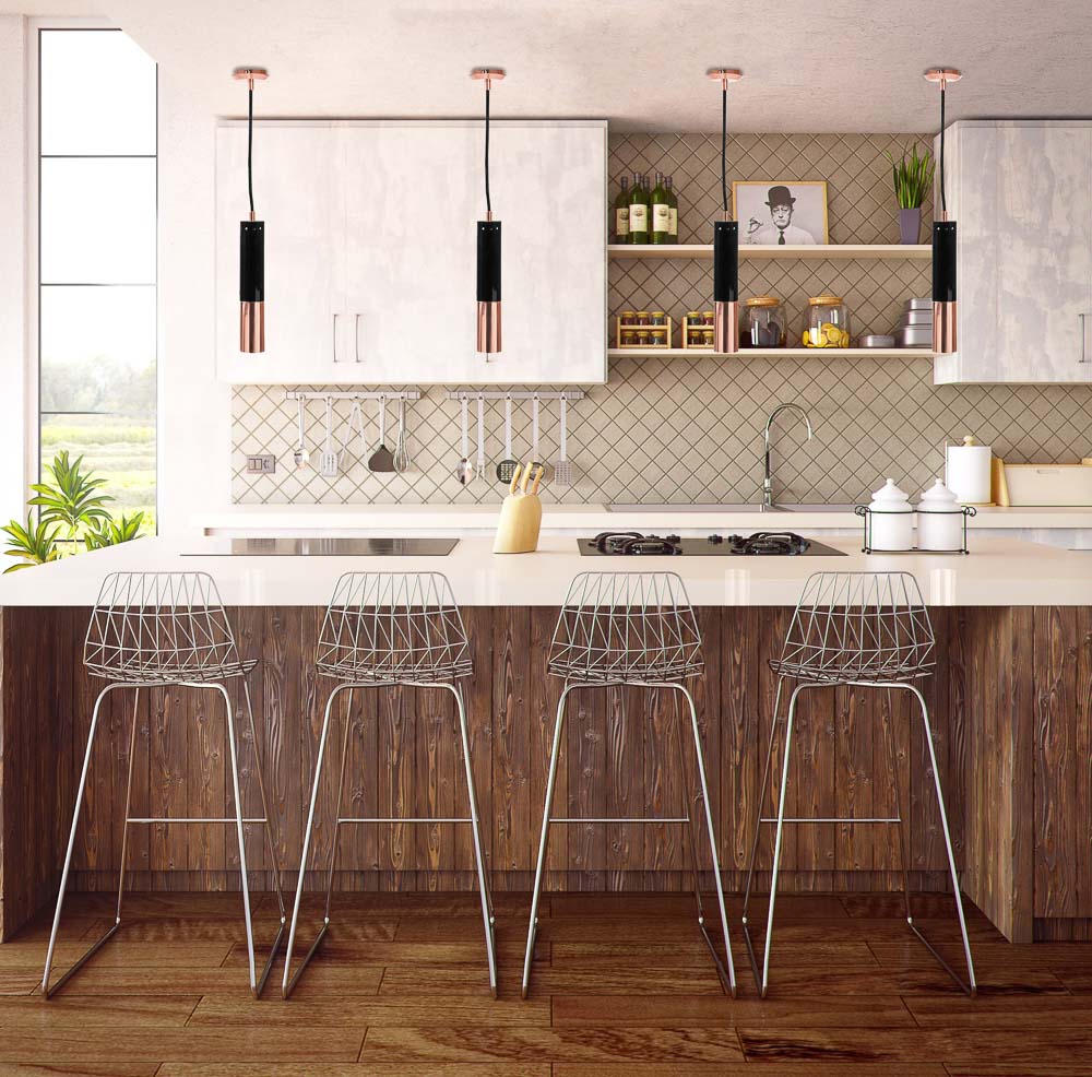 Simple kitchen design with bar stools as seating options, wooden paneling and white cabinets for modern kitchen décor - Beautiful Homes