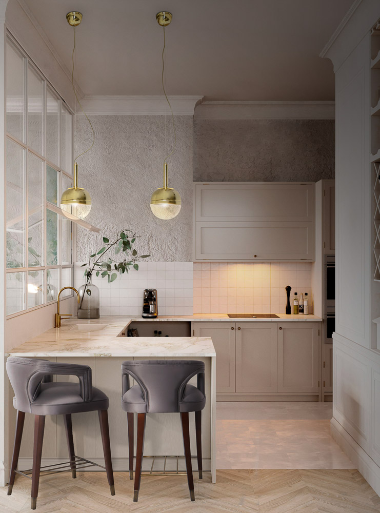 Simple kitchen design with highchairs in a café-looking style, light pink cabinets and pastel walls for modular kitchen interior - Beautiful Homes