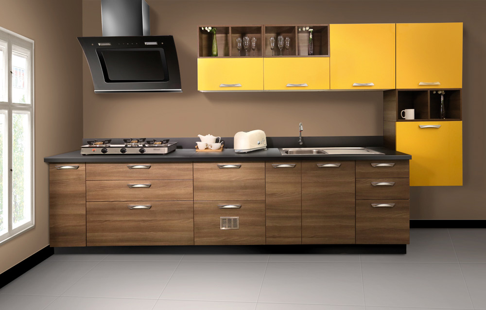 Bold and wooden modular kitchen design idea with the black countertop - Beautiful Homes