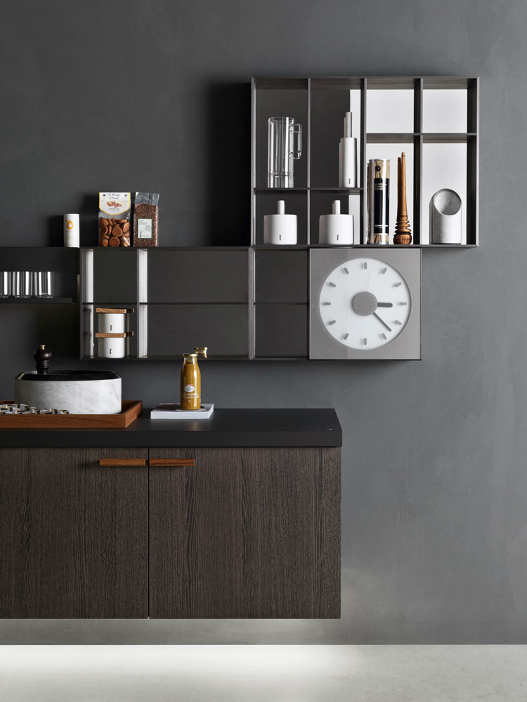 Grey minimalistic modular kitchen design with the touch of black and wood - Beautiful Homes