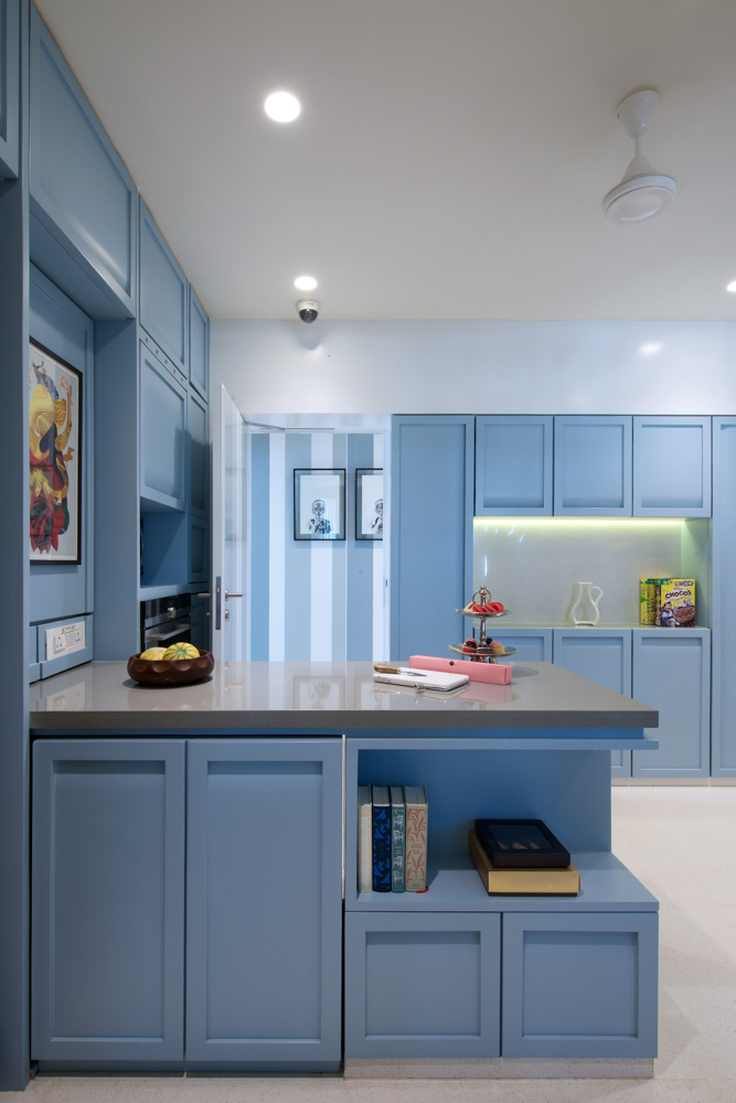 Victorian themed modular kitchen in blue colour - Beautiful Homes