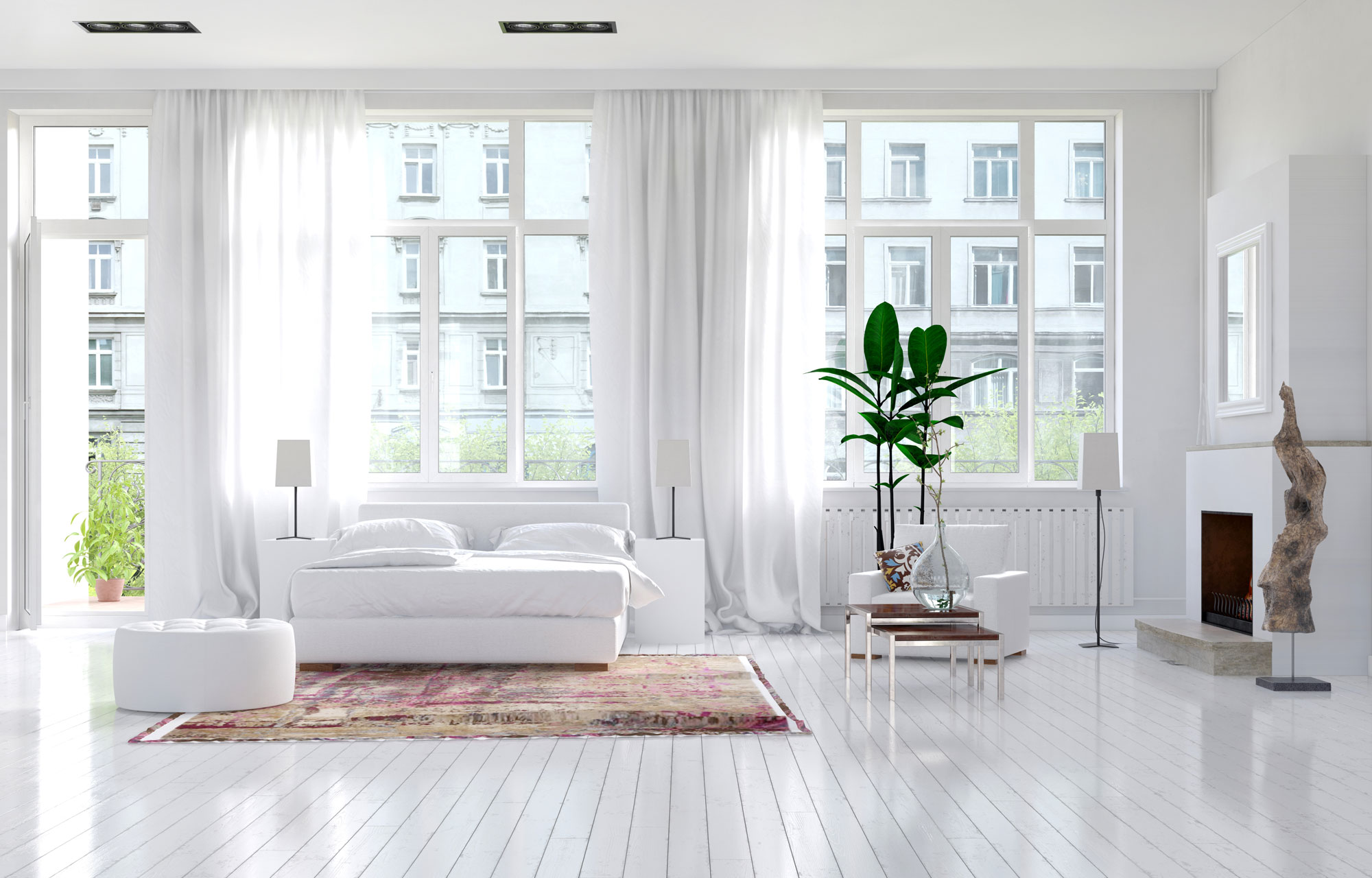 White Living Room Design With White Flooring, False Ceiling & White Furniture - Beautiful Homes