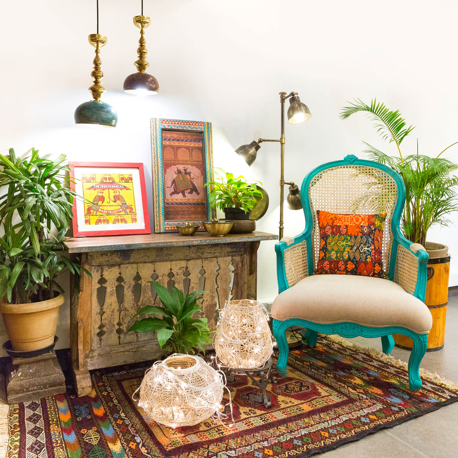 Cosy Reading Corner Design in Living Room With Armchair & Multicolour Rug - Beautiful Homes