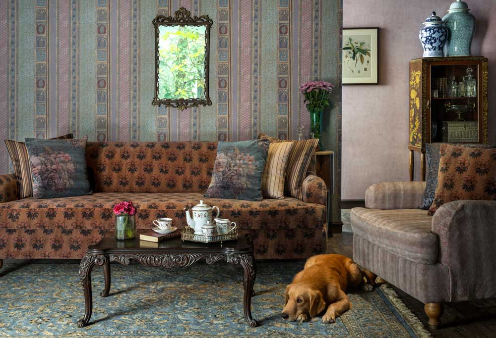 Living room sofa set with printed furnishing & earthy tone colour matching with living room décor - Beautiful Homes