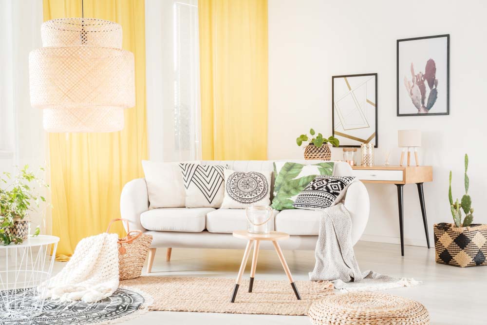 Yellow curtains for white living room - Beautiful Homes