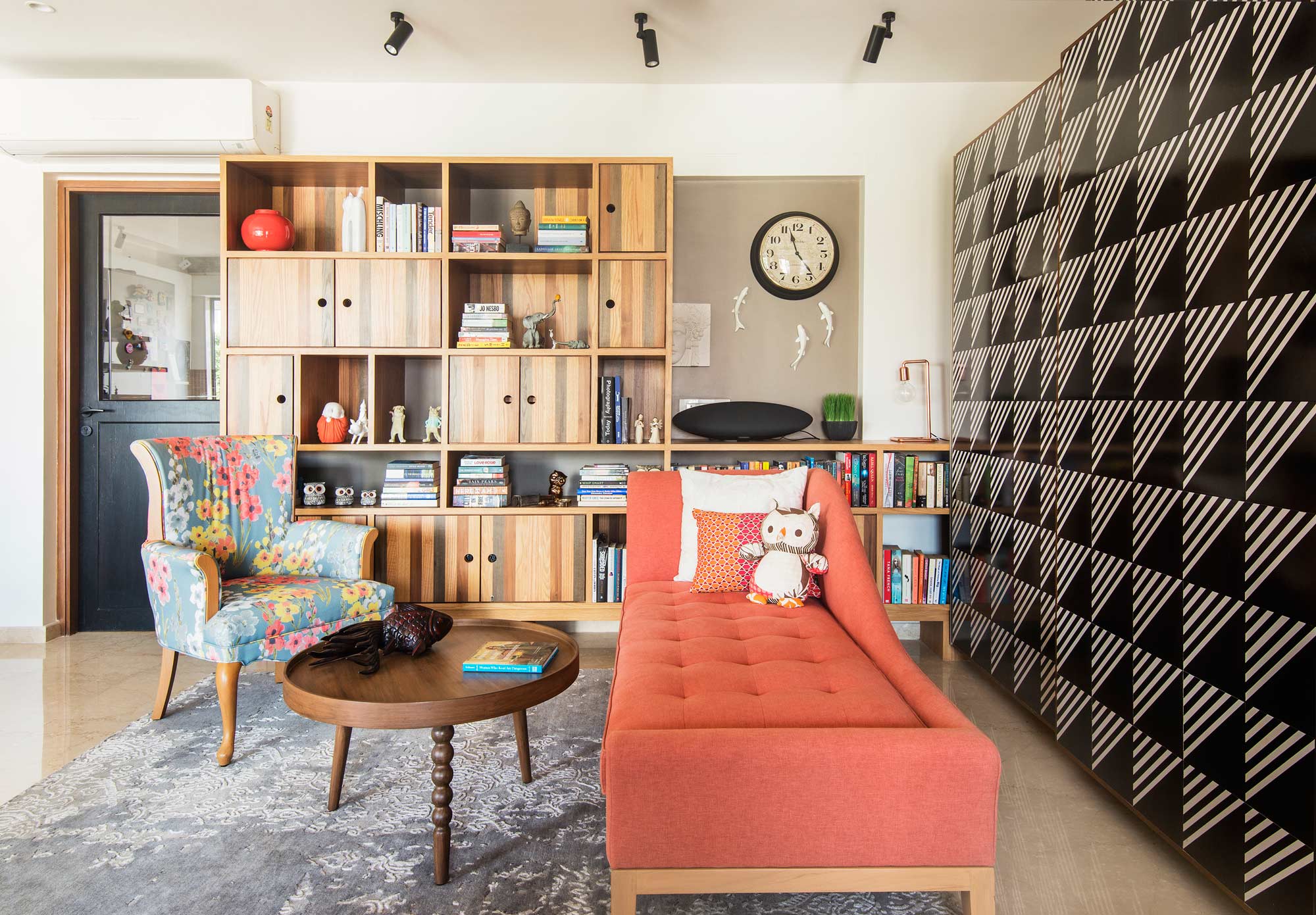 Design for Small Living Room With Orange Sofa & Wooden Furniture - Beautiful Homes