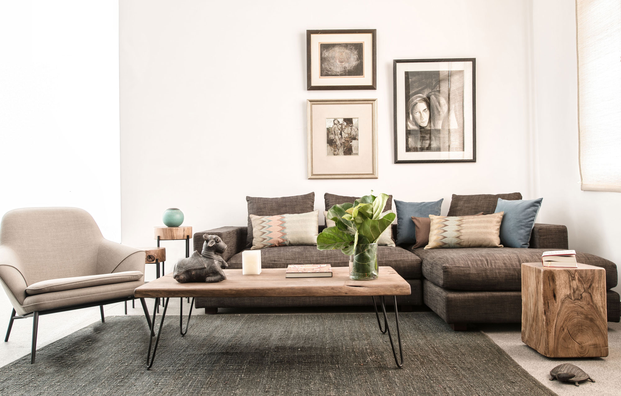 Living Room Design Ideas to KeepYour Room Calm With White Wall Paint,  Brown Colour Sofa, Dark Grey Rug & Wooden Table - Beautiful Homes