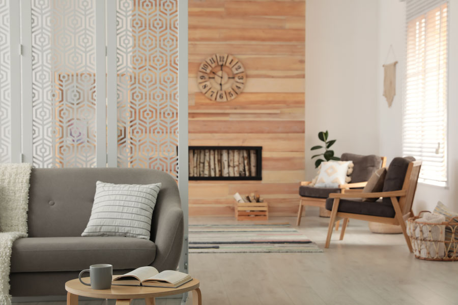 Traditional folding partition design with modern decor and subtle bohemian accents for living & dining room - Beautiful Homes