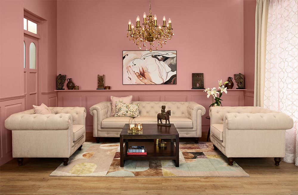 Chandelier & pink color wall ideas for your living room interiors - Beautiful Homes