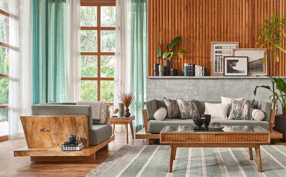 Wooden wall paneling & floor to ceiling curtains for your living room - Beautiful Homes