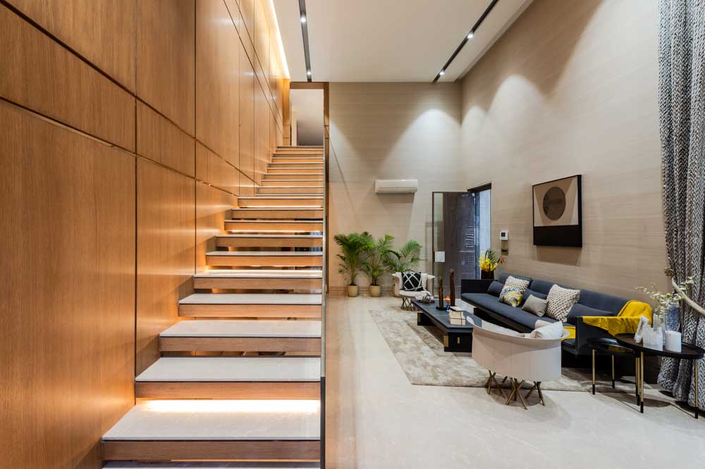 Minimal floating staircase design with lightings in the living room - Beautiful Homes