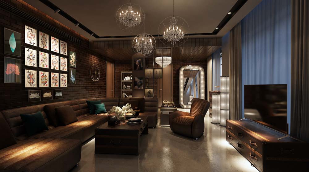 Brick wall design for living room with pendant lamps & starry lights around the mirror - Beautiful Homes