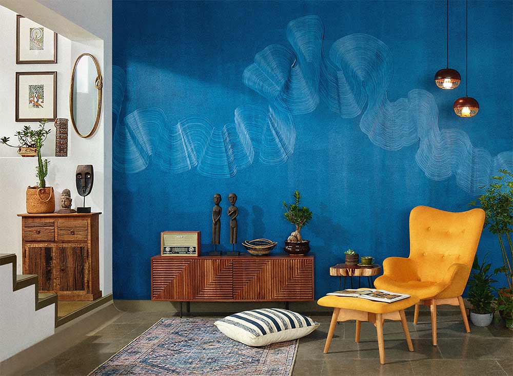 Blue wall gloss texture with yellow sofa & cupboard - Beautiful Homes