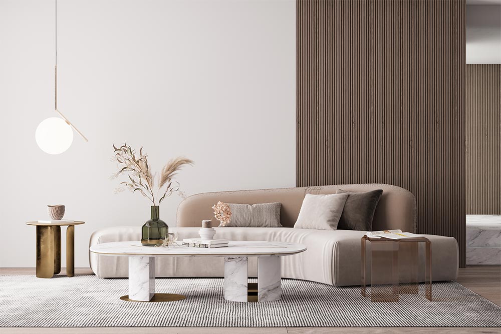 Elliptical coffee table with hanging light - Beautiful Homes