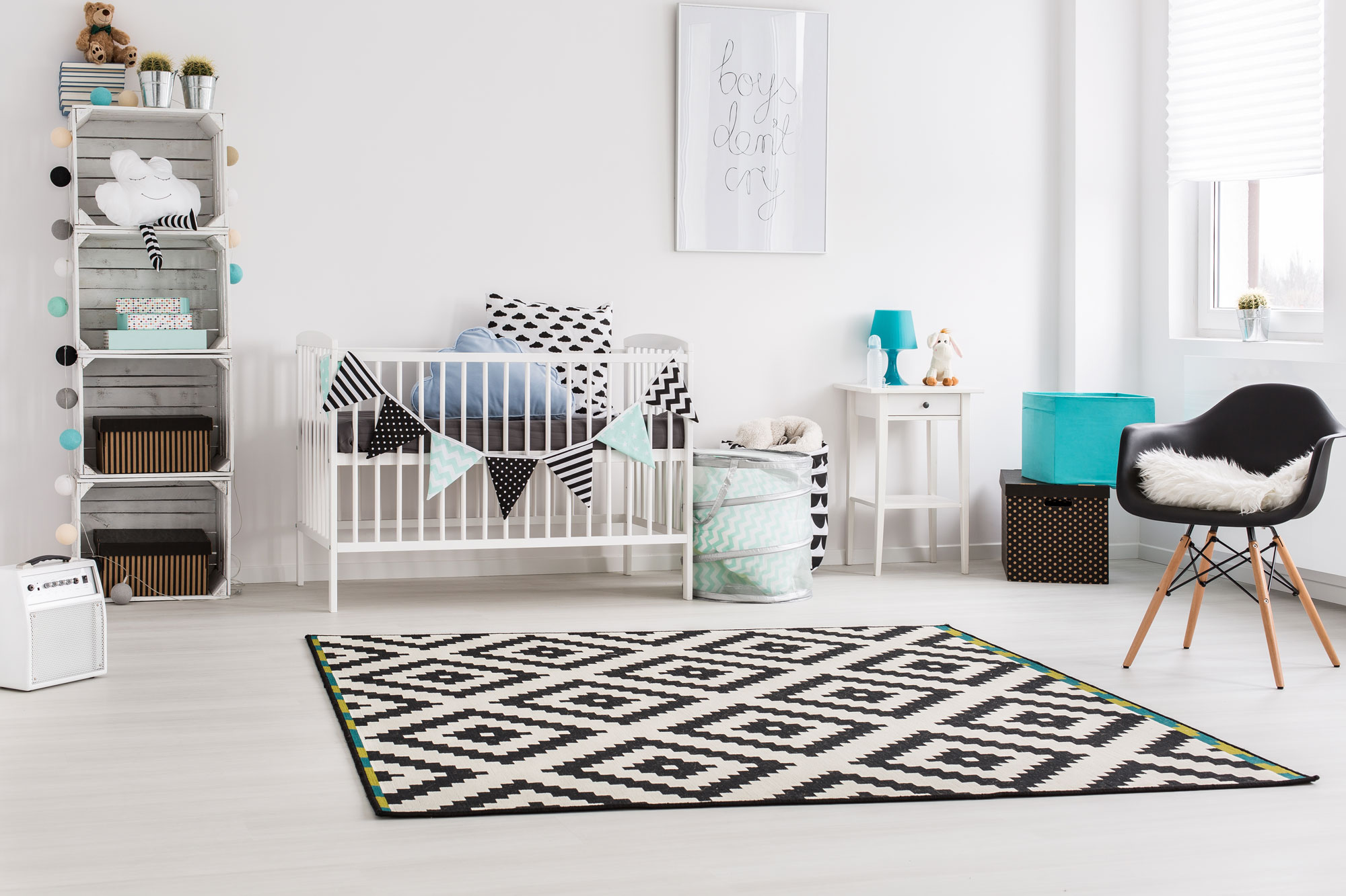 White Kids Room Design Ideas With Black Chair and Rug - Beautiful Homes