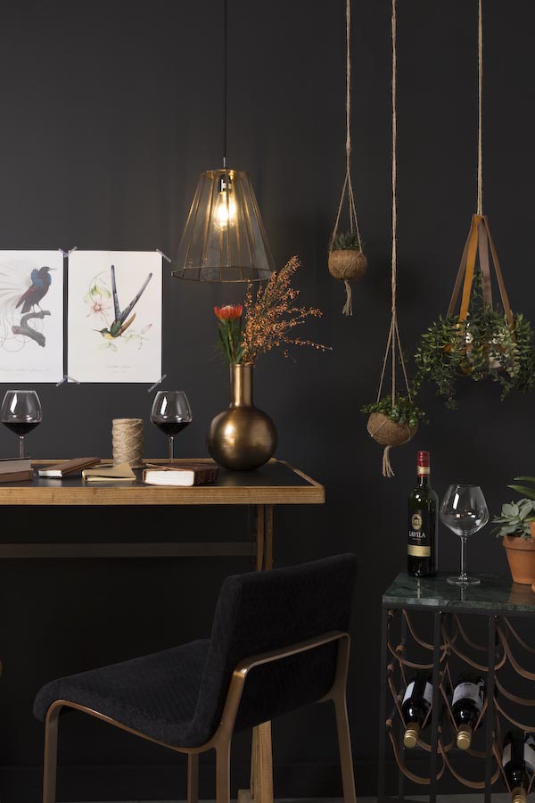 Minimal Home Bar With Granite Top & Leather Bands, Gold Vase & Lamp, Wooden Table & Hanging Plants - Beautiful Homes