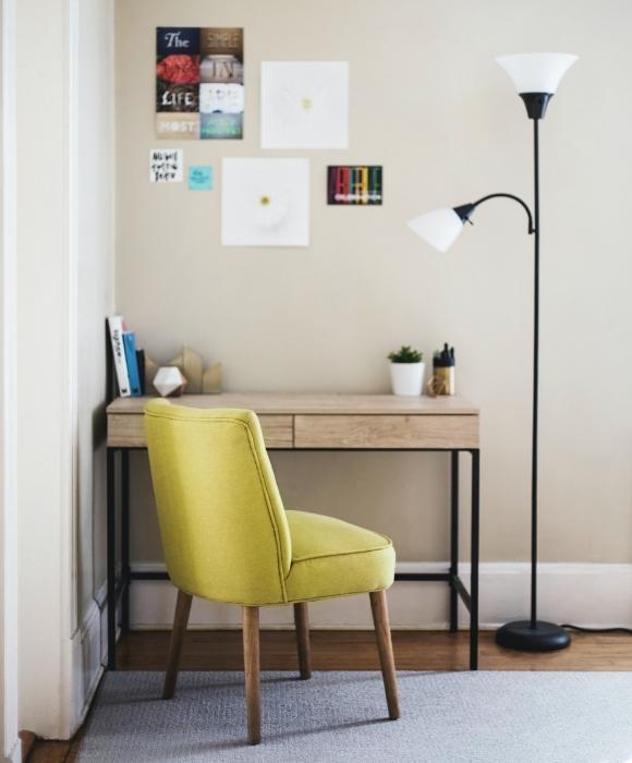 Wooden corner study table design & a floor lamp for a small bedroom - Beautiful Homes
