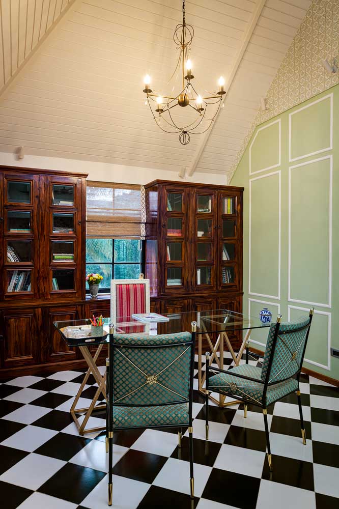 Smitha's open plan office with mint green shade walls topped by patterned wallpaper & chandelier - Beautiful Homes