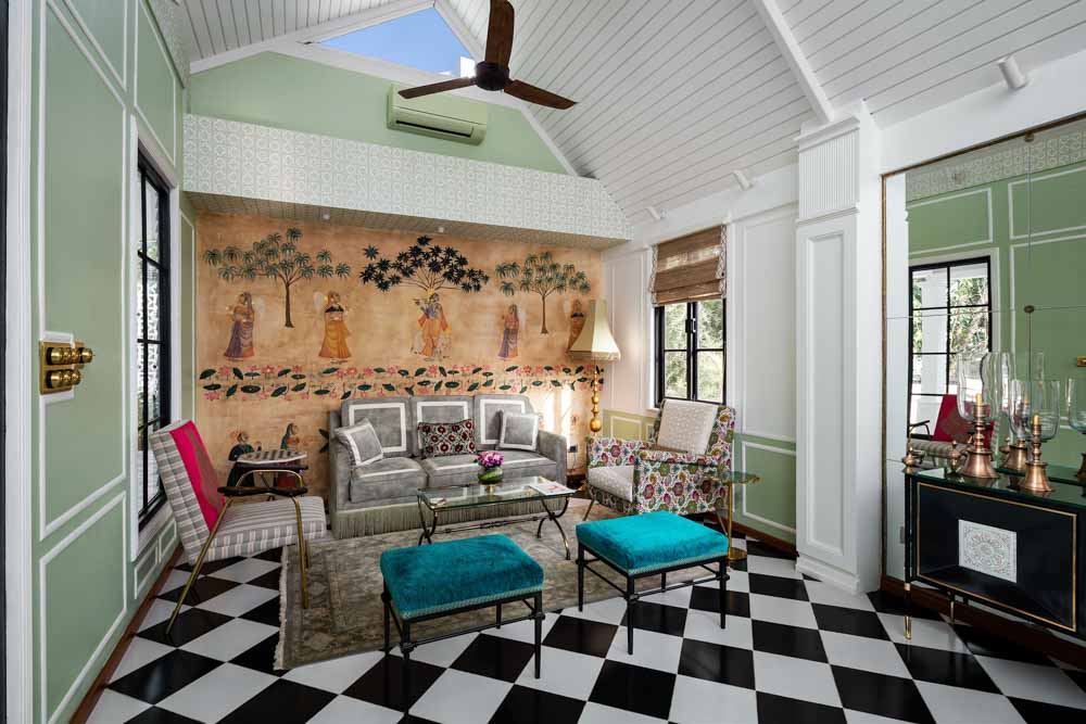 Open plan office space with patterned flooring & dusky mint green wall colour - Beautiful Homes