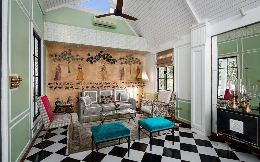 Open plan office space with patterned flooring & dusky mint green wall colour - Beautiful Homes