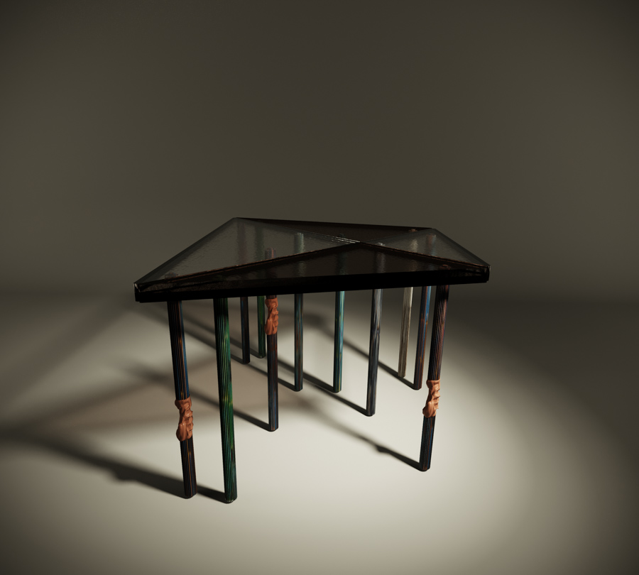 A table with a glass top and eleven legs supporting it