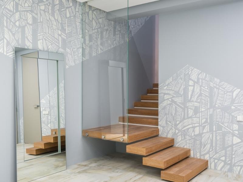 Grey paint colours for staircase walls with abstract design - Beautiful Homes