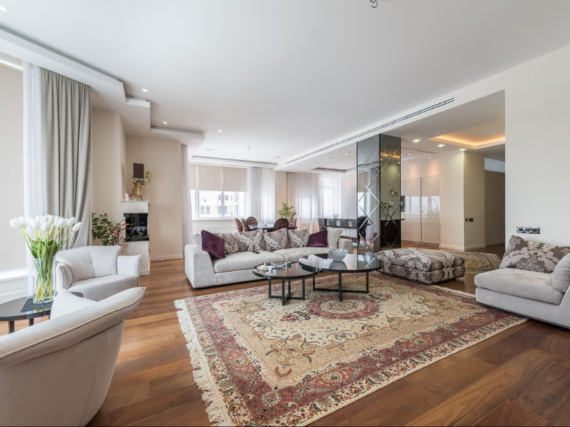 Vintage rug design in a spacious modern living room design - Beautiful Homes