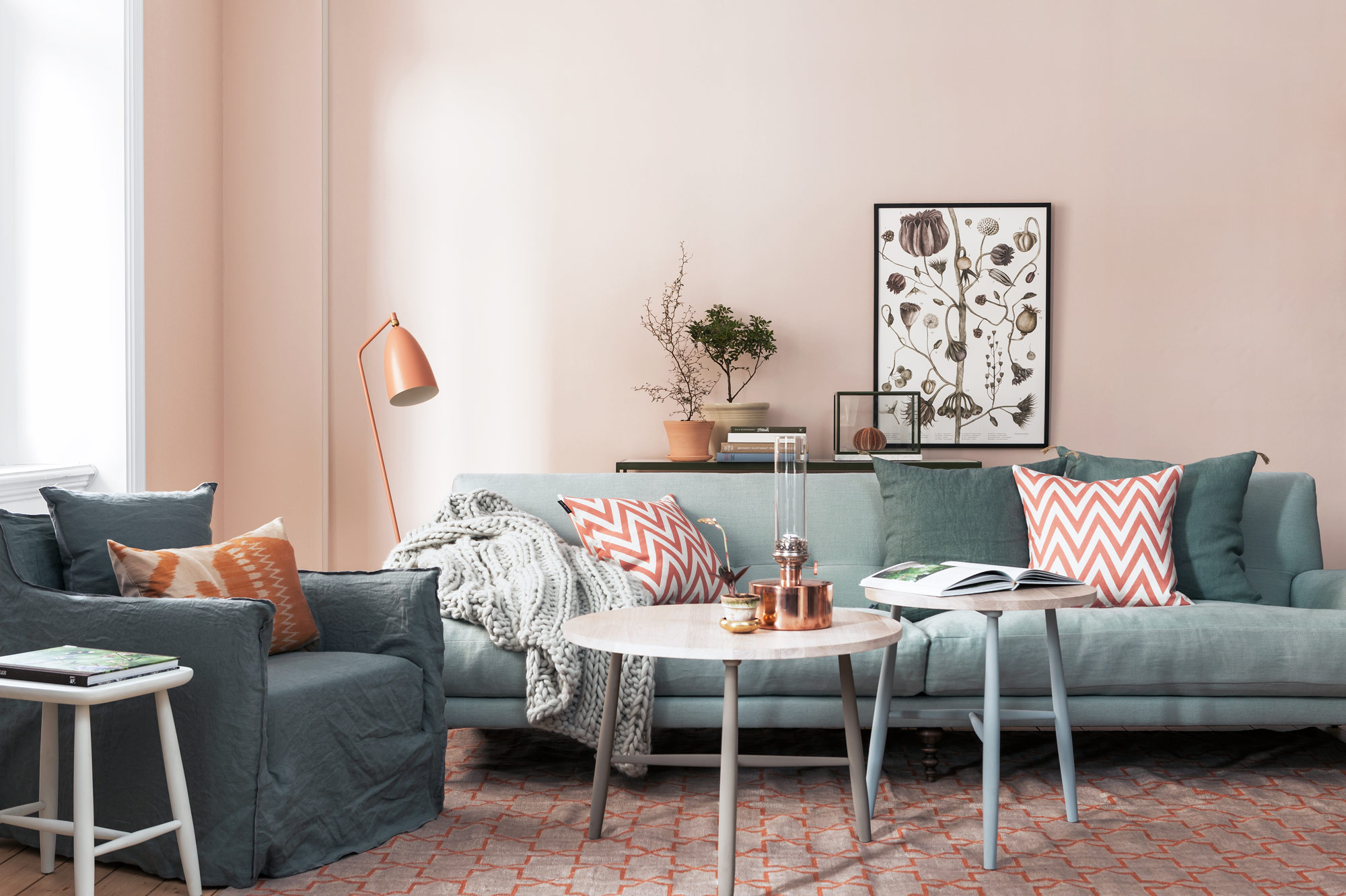 Blush pink & grey living room design with grey sofa - Beautiful Homes