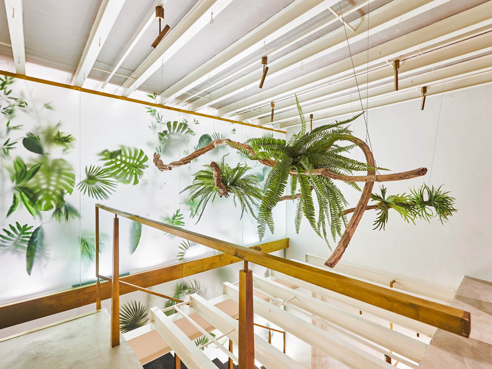 The suspended plants and hints of greenery behind the wall at the store- Beautiful Homes
