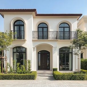 Soft neutral exterior paint colours with bold accent features for UAE homes