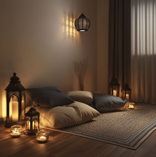Minimalist Ramadan decorations with warm lighting and neutral colours